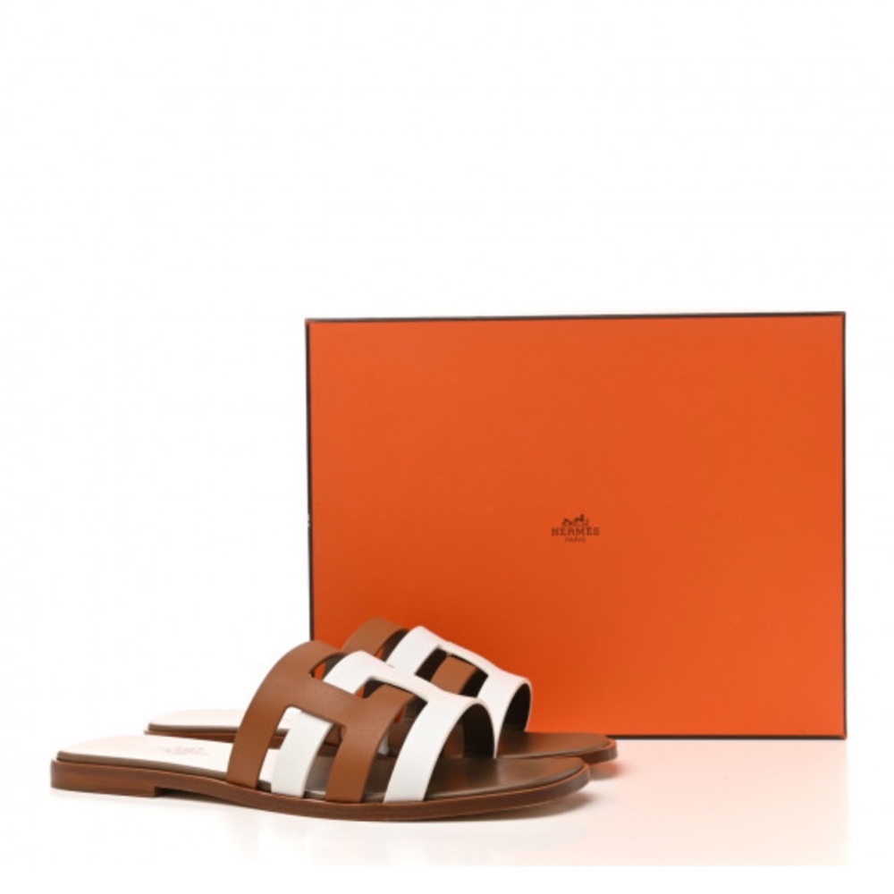 Hermès Gold(Brown) and White Amore Sandals with Signature H Straps